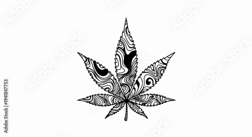 Stylized cannabis leaf with swirling black and white patterns
