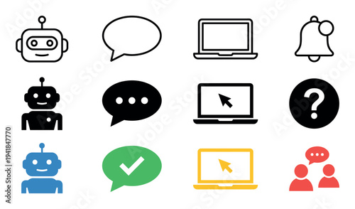 Diverse set of chatbot and communication icons including robots, speech bubbles, laptops, and user symbols for online support and helpdesk services