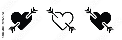 Set of three valentine day heart pierced with cupid arrow icons for love