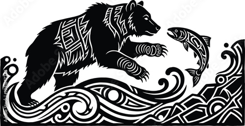 Pacific Northwest Indigenous Style Vector Illustration Featuring A Powerful Grizzly Bear Catching A Jumping Salmon In Stylized Rushing Water