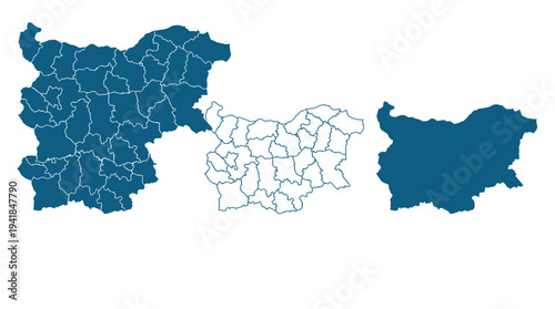 Set of Bulgaria Maps with Administrative Regions, Outlines, and Silhouette Icons in Blue and White