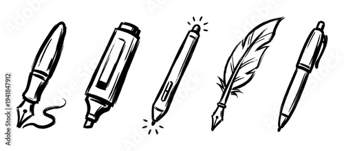 Hand-drawn collection of various writing tools including a fountain pen, marker, digital stylus, quill, and ballpoint pen in a black ink brush stroke sketch style