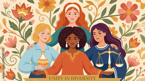 Unity in Diversity Illustration Featuring Four Diverse Women for Global Equality, Empowerment, and Sisterhood with Justice Scales and Cultural Symbols