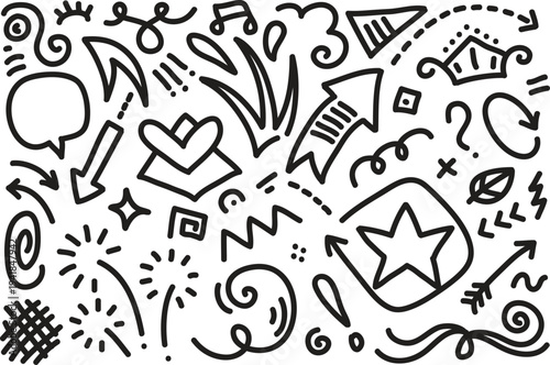 A collection of whimsical doodles and abstract shapes