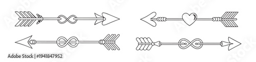 Collection various ornate arrow designs featuring heart infinity symbol and feather