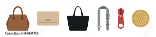 Various fashion accessories including brown and black handbags, a beige clutch, a grey strap, a red zipper pull, and a gold emblem are neatly arranged in a modern flat design style