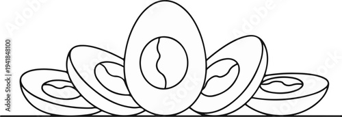 Stylized line drawing of halved avocados in a curving row