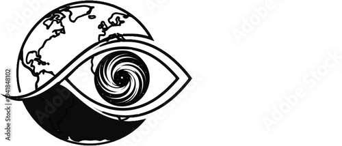 Stylized eye overlaid on a swirling galaxy and partial globe