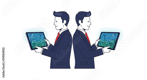 Two identical professional businessmen, positioned back-to-back, each confidently hold and display a luminous tablet featuring an intricate circuit board design on a pristine white background.