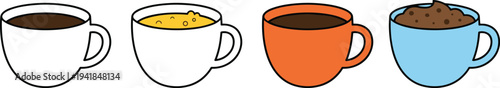 Coffee tea hot drinks cups collection, warm beverage mug set, cafe breakfast drinks illustration, latte chocolate milk vector icons