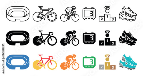 Collection of track cycling competition icons showing a velodrome, bicycle, cyclist, timer, podium, and shoes in line, glyph, and color styles