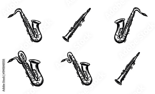 Set of hand-drawn saxophone and clarinet musical instruments in a black and white ink sketch style, creating a graphic collection of classic jazz and orchestral woodwinds