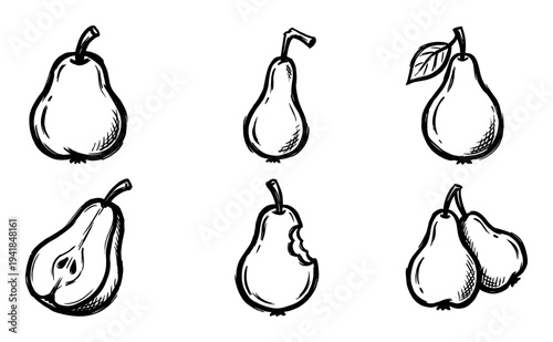 Collection of hand-drawn pear illustrations in a simple black ink sketch style, showing whole, halved, bitten, and paired fruits with hatching details for shading