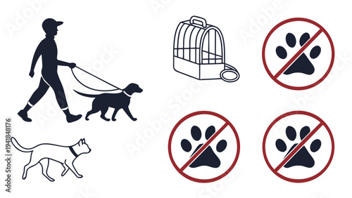 A vector graphic illustration of pets and pet accessories with no pets allowed signs