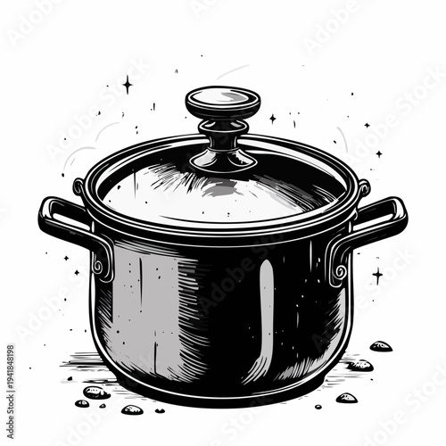 Black and White Illustration of Saucepan.