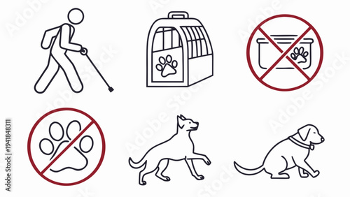 A set of vector icons depicting dog-related symbols and a person walking with a cane
