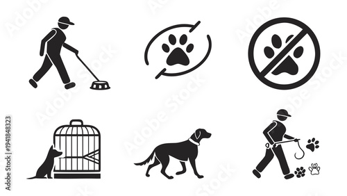 A set of vector icons depicting dog walking and pet care related activities