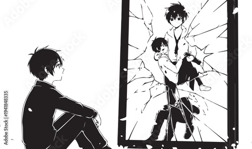 Black and white manga style illustration of man looking at reflection