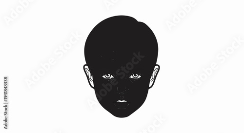 Stylized black and white illustration of a child's face, dark hair, light eyes