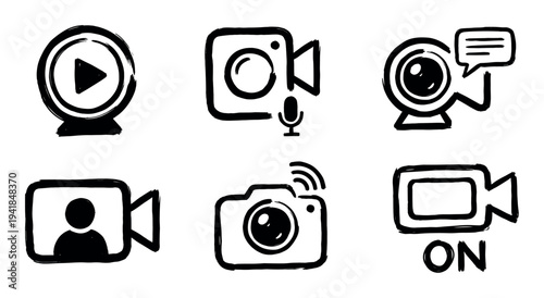 Set of six hand-drawn video camera icons in a rough brush stroke style for streaming and online communication concepts, featuring webcams, microphones, and chat symbols