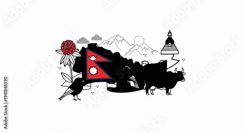 Stylized map silhouette with flag, mountains, stupa, flower, bird, and yak