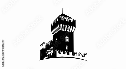 Stylized black and white illustration of a dark medieval tower with crenellated walls