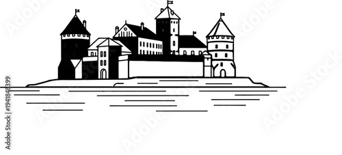 Stylized black and white illustration of a fortified complex on a rocky island