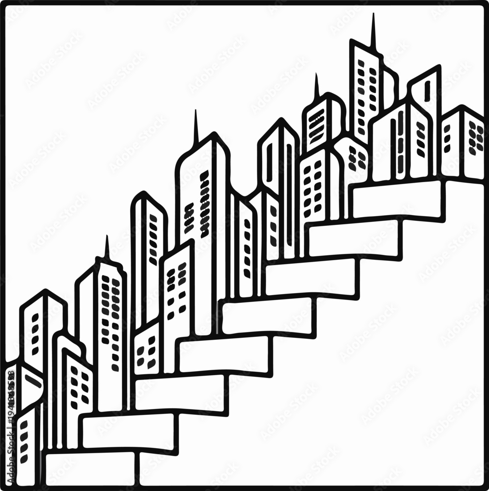 Obraz premium Stylized cityscape with skyscrapers arranged on ascending stairs