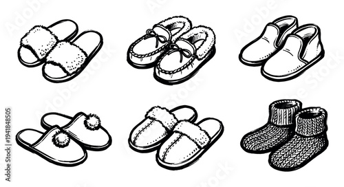 Various cozy hand-drawn black and white slippers, including furry slides, moccasins, knitted booties, and pom-pom styles, are neatly arranged in this comfortable illustration