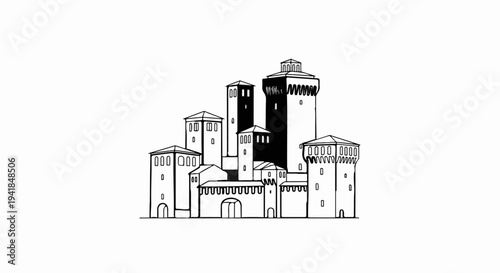 Stylized black and white illustration of a medieval fortress with multiple towers and crenellations