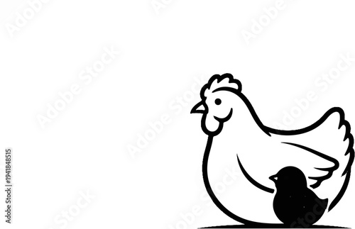 Stylized black and white illustration of a mother hen and chick