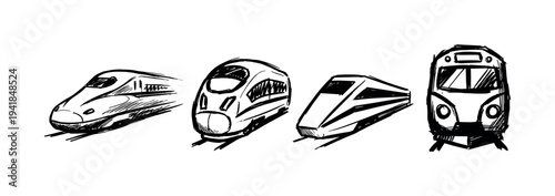 Four hand-drawn black ink sketches of modern high-speed bullet trains shown from various perspectives in a dynamic, rough doodle style illustration set