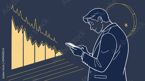 A businessman analyzes a graph on his tablet with a concerned expression in a minimalist vector illustration.