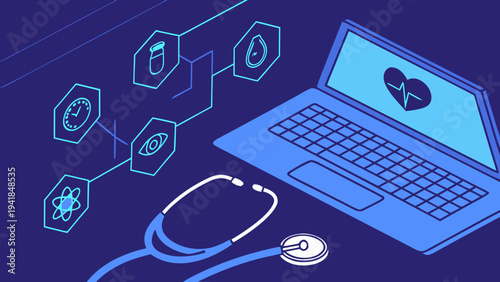 A vector graphic illustration of a laptop with a stethoscope and medical icons, representing healthcare technology and digital medicine.