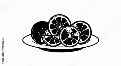 Sliced citrus fruits arranged on a plate, graphic illustration