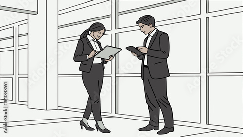 A minimalist vector illustration of a businessman and businesswoman in formal attire standing in a modern office building discussing documents.
