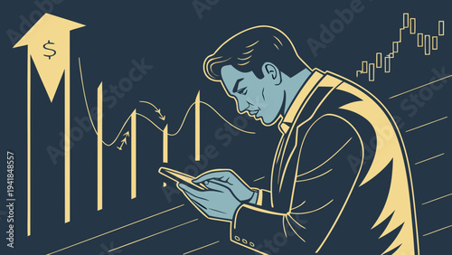 A businessman analyzing stock market trends on his phone with a graph in the background