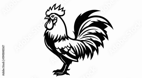 Stylized black and white illustration of a proud rooster with flowing tail feathers