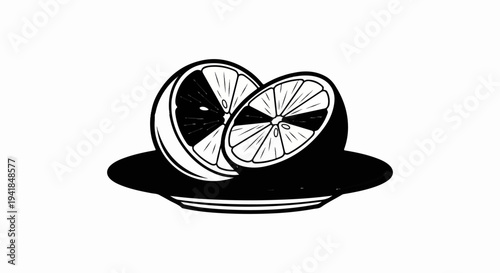 Sliced citrus fruit on a black plate, graphic illustration