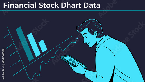 A man analyzing financial stock data on his phone with a graph in the background