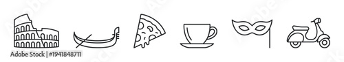 Six minimalist black outline icons of cultural symbols like an ancient amphitheater, a gondola, a pizza slice, an espresso cup, a carnival mask, and a classic scooter