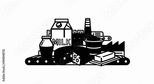 Stylized black and white illustration of dairy products on a conveyor belt