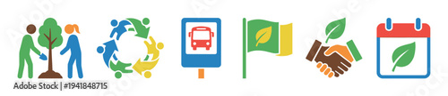 Set of colorful flat ecology icons representing sustainability, community action, public transport, green initiatives, eco-friendly partnerships, and environmental events