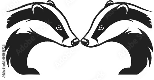 Stylized black and white illustration of two badger heads facing each other