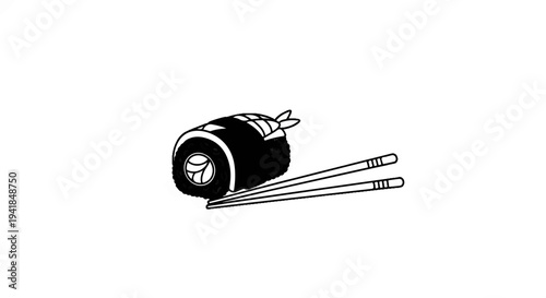 Stylized illustration of a single sushi roll with chopsticks on a white background