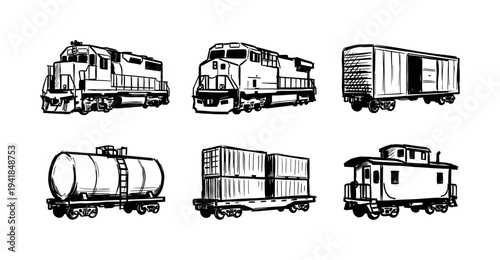 Various black and white hand-drawn train vehicles are depicted in a classic sketch style, showcasing different types of railway transportation with bold, illustrative lines