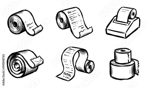 Set of six hand-drawn receipt icons in a black and white sketch style, featuring a cash register, paper rolls, and a long bill showing the total amount