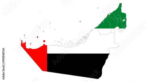 Map of United Arab Emirates with National Flag Design and Administrative Borders isolated on White Background