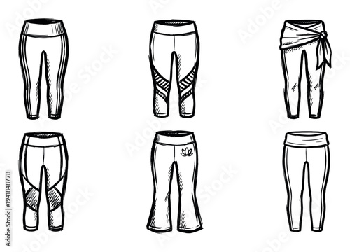 Six different styles of women's yoga pants and fitness leggings illustrated in a black ink sketch style, showing a variety of athletic apparel designs for workouts or leisure