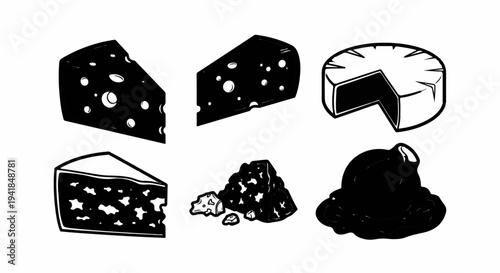 Stylized black and white illustrations of various cheese forms and textures